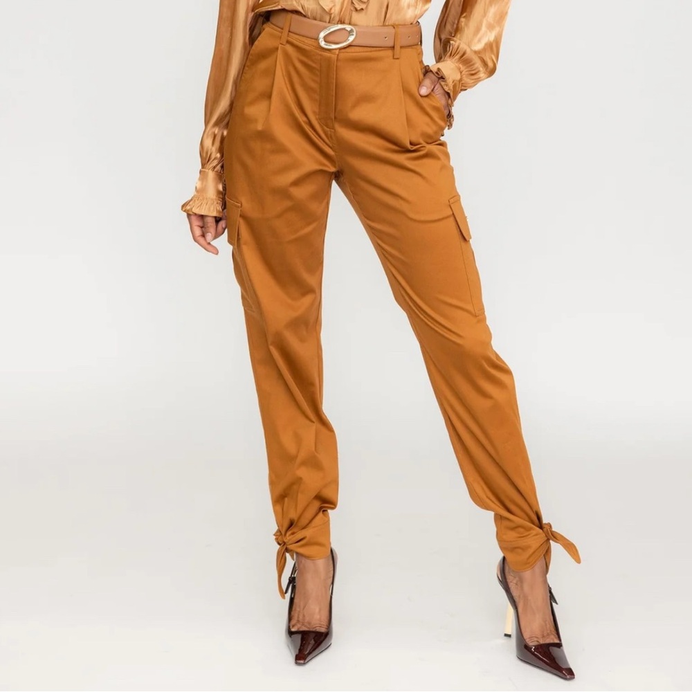 High-Waist Tie-Hem Cargo Pants in Camel